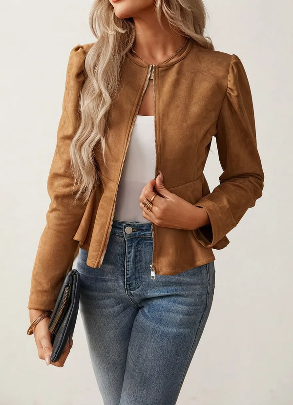 Women's Suede Puff-Sleeve Zip Jacket