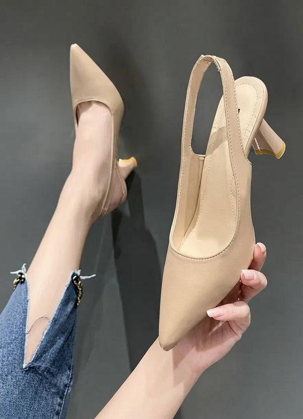 Nude Pointed-Toe Slingback Kitten Heels