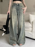 Women's Vintage Distressed High-Waist Wide-Leg Denim Jeans