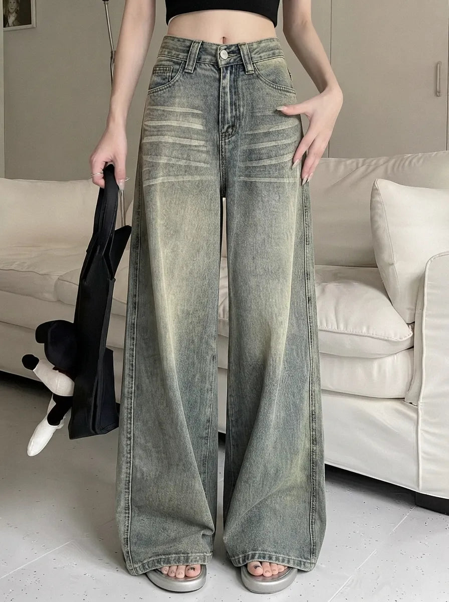 Women's Vintage Distressed High-Waist Wide-Leg Denim Jeans