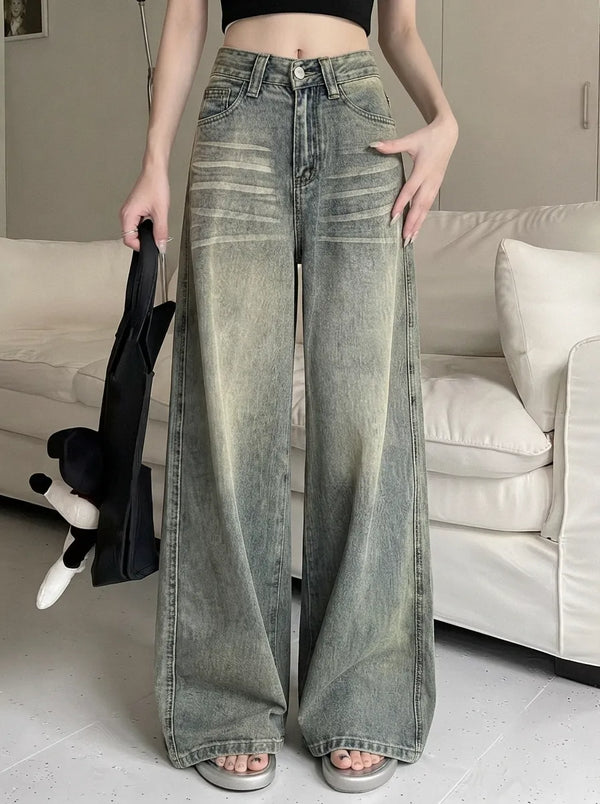 Women's Vintage Distressed High-Waist Wide-Leg Denim Jeans