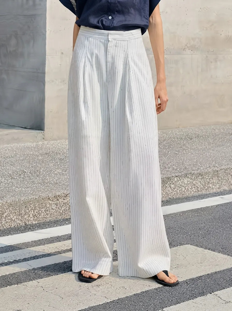 Women's High-Waisted Striped Wide-Leg Casual Trousers