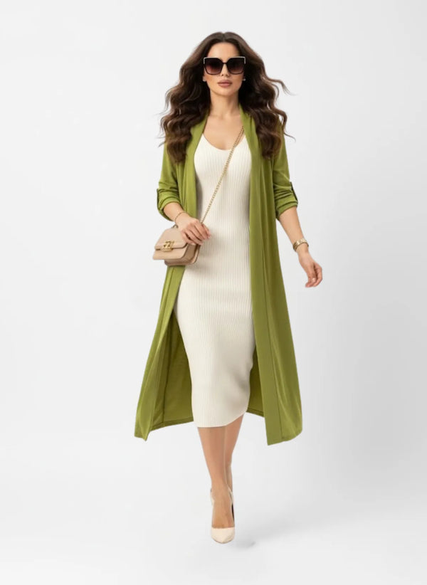 La Milano Long Roll-Up Sleeve Cardigan Olive Green